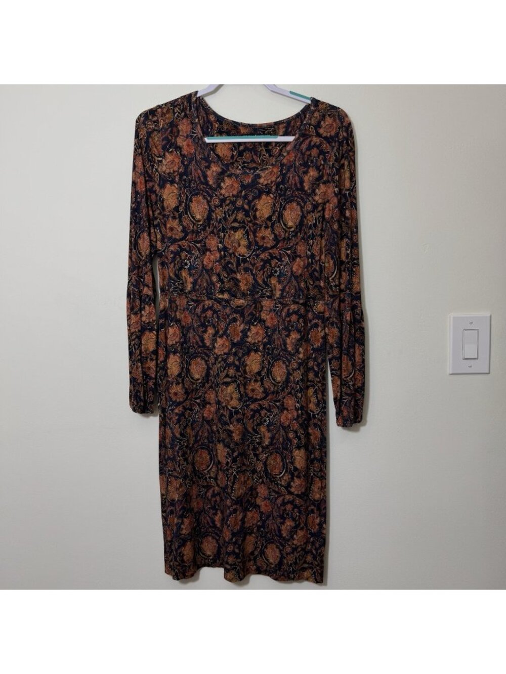 Peruvian Connection Women’s Midi Dress Size L Floral Long Sleeve Stretch Knit